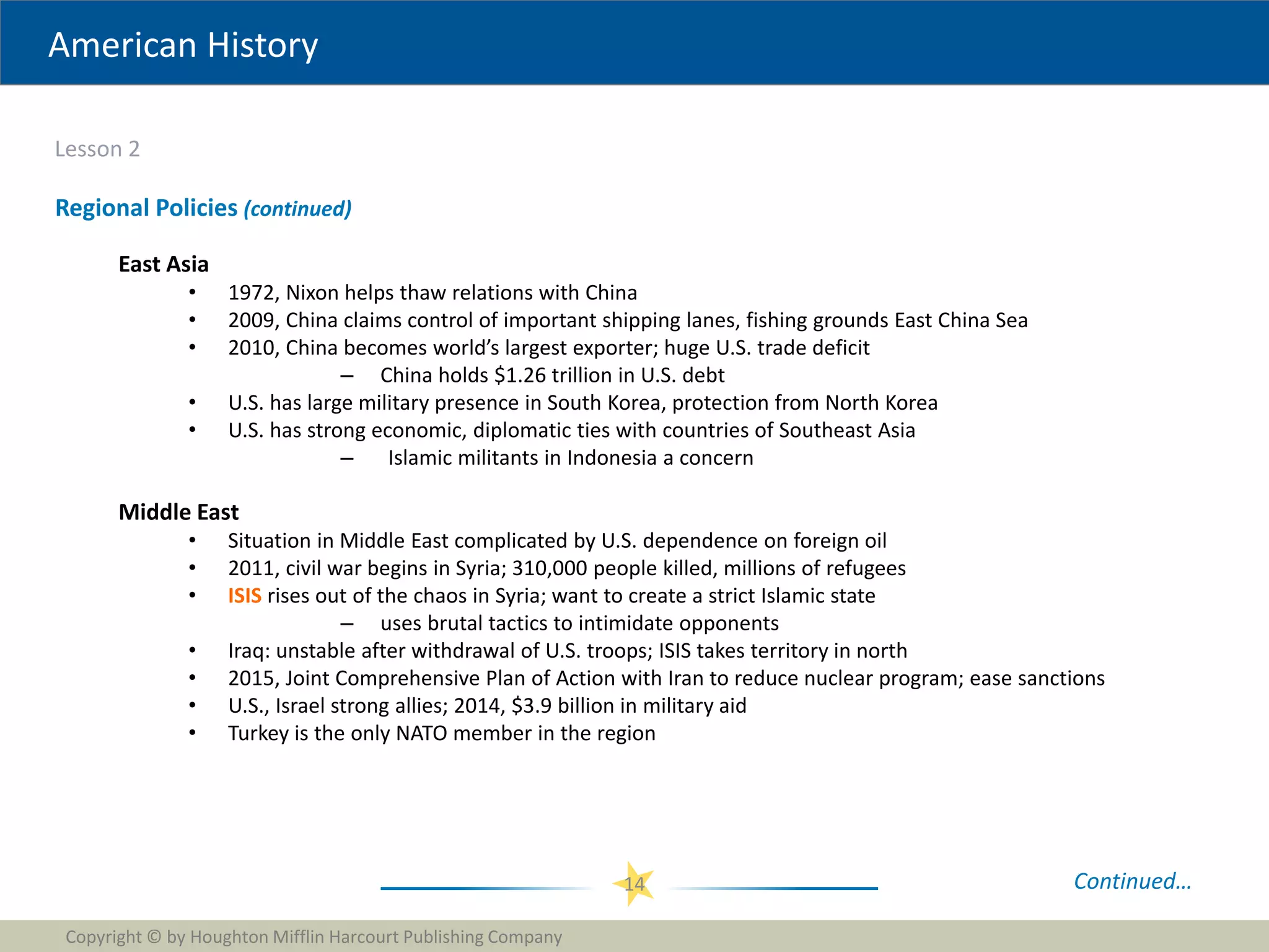 American History
Lesson 2
Copyright © by Houghton Mifflin Harcourt Publishing Company
14
Regional Policies (continued)
East Asia
• 1972, Nixon helps thaw relations with China
• 2009, China claims control of important shipping lanes, fishing grounds East China Sea
• 2010, China becomes world’s largest exporter; huge U.S. trade deficit
– China holds $1.26 trillion in U.S. debt
• U.S. has large military presence in South Korea, protection from North Korea
• U.S. has strong economic, diplomatic ties with countries of Southeast Asia
– Islamic militants in Indonesia a concern
Middle East
• Situation in Middle East complicated by U.S. dependence on foreign oil
• 2011, civil war begins in Syria; 310,000 people killed, millions of refugees
• ISIS rises out of the chaos in Syria; want to create a strict Islamic state
– uses brutal tactics to intimidate opponents
• Iraq: unstable after withdrawal of U.S. troops; ISIS takes territory in north
• 2015, Joint Comprehensive Plan of Action with Iran to reduce nuclear program; ease sanctions
• U.S., Israel strong allies; 2014, $3.9 billion in military aid
• Turkey is the only NATO member in the region
Continued…
 