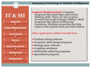 IT & MI
Intrapersonal
Interpersonal
Bodily-Kinesthetic
Musical
Visual/Spatial
Logical-Mathematical
Linguistic
Logical-Mathematical: Computer
programs that teach logic and critical
thinking skills. These are also in game
formats that could motivate children. Math
programs that allows drilling and
practicing. Database programs that help
explore and organize data and information.
Other applications children benefit from:
● Problem solving software
● Computer Aided design programs
● Strategy game software
● Graphing calculators
● Multimedia authoring programs
● Spreadsheet programs
Integrating Technology in Multiple Intelligences
 