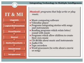 IT & MI
Intrapersonal
Interpersonal
Bodily-Kinesthetic
Musical
Visual/Spatial
Logical-Mathematical
Linguistic
Musical: programs that help write or play
music.
● Music composing software
● Videodisc player
● Programs integrating stories with songs
and instruments
● Reading programs which relate letter/
sound with music
● Programs which allow children to create
their own music
● CD-ROMs about music and instruments
● Audio CDs
● Tape recorders
● Word processors (to write about a movie
or song)
Integrating Technology in Multiple Intelligences
 