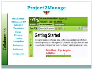 Google Docs
Project2Manage
Dabbleboard
Protonotes
ProjectPier
Twiddla
Wetpaint
Skype
Thinkature
Spicebird
Mindquarry DO
Write board
 