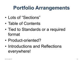 Portfolio Arrangements
• Lots of “Sections”
• Table of Contents
• Tied to Standards or a required
format
• Product-oriente...