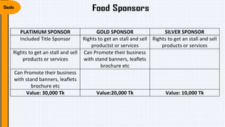 PLATIMUM SPONSOR GOLD SPONSOR SILVER SPONSOR
Included Title Sponsor Rights to get an stall and sell
productst or services
Rights to get an stall and sell
products or services
Rights to get an stall and sell
products or services
Can Promote their business
with stand banners, leaflets
brochure etc
Can Promote their business
with stand banners, leaflets
brochure etc
Value: 30,000 Tk Value:20,000 Tk Value: 10,000 Tk
 