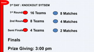 3rd DAY : KNOCKOUT SYTSEM
1st Round: 16 Teams 8 Matches
2nd Round 8 Teams 4 Matches
Semi Finals 4 Teams 2 Matches
Finals
Prize Giving: 3:00 pm
 