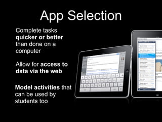 App Selection
Complete tasks
quicker or better
than done on a
computer

Allow for access to
data via the web

Model activities that
can be used by
students too
 