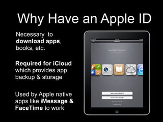Why Have an Apple ID
Necessary to
download apps,
books, etc.

Required for iCloud
which provides app
backup & storage

Used by Apple native
apps like iMessage &
FaceTime to work
 