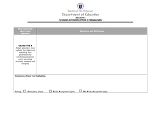Republic of the Philippines
Department of Education
REGION I
SCHOOLS DIVISION OFFICE I PANGASINAN
Non-classroom
observable
objective
Narrative and Reflection
OBJECTIVE 8
Adopt practices that
uphold the dignity of
teaching as a
profession by
exhibiting qualities
such as caring
attitude, respect and
integrity
Comments from the Evaluator:
Rating: Exemplary (5pts) Fully Acceptable (3pts) Not Fully Acceptable (1pt)
 