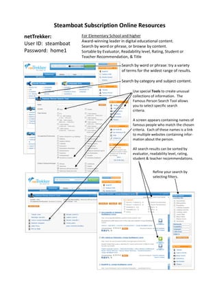 Steamboat Subscription Online Resources
netTrekker:          For Elementary School and higher
                     Award-winning leader in digital educational content.
User ID: steamboat   Search by word or phrase, or browse by content.
Password: home1      Sortable by Evaluator, Readability level, Rating, Student or
                     Teacher Recommendation, & Title

                                            Search by word or phrase: try a variety
                                            of terms for the widest range of results.

                                            Search by category and subject content.

                                                   Use special Tools to create unusual
                                                   collections of information. The
                                                   Famous Person Search Tool allows
                                                   you to select specific search
                                                   criteria.

                                                   A screen appears containing names of
                                                   famous people who match the chosen
                                                   criteria. Each of these names is a link
                                                   to multiple websites containing infor-
                                                   mation about the person.

                                                   All search results can be sorted by
                                                   evaluator, readability level, rating,
                                                   student & teacher recommendations.


                                                               Refine your search by
                                                               selecting filters.
 
