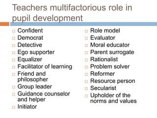 Teachers multifactorious role in
pupil development
 Confident
 Democrat
 Detective
 Ego supporter
 Equalizer
 Facilitator of learning
 Friend and
philosopher
 Group leader
 Guidance counselor
and helper
 Initiator
 Role model
 Evaluator
 Moral educator
 Parent surrogate
 Rationalist
 Problem solver
 Reformer
 Resource person
 Secularist
 Upholder of the
norms and values
 