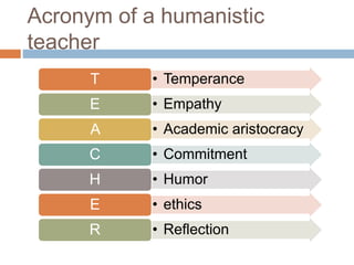 Acronym of a humanistic
teacher
• TemperanceT
• EmpathyE
• Academic aristocracyA
• CommitmentC
• HumorH
• ethicsE
• ReflectionR
 