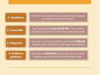 1. Facilitator
We must do everything to make learning happen,
but without making it to easy.
2. Controller
E.g.: taking the CLASS REGISTER. This involves
standing at the front of the class and being clear.
3. Organiser
In order to set up an activity we should ENGAGE
students, give intructions and organise feedback.
4. Evidence
gatherer
We need to MONITOR and make notes of what
students say or do to provide feedback later.