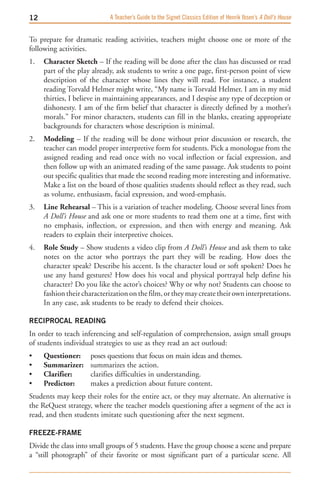 1                          A Teacher’s Guide to the Signet Classics Edition of Henrik Ibsen’s A Doll’s House


To prepare for dramatic reading activities, teachers might choose one or more of the
following activities.
1.   Character sketch – If the reading will be done after the class has discussed or read
     part of the play already, ask students to write a one page, first-person point of view
     description of the character whose lines they will read. For instance, a student
     reading Torvald Helmer might write, “My name is Torvald Helmer. I am in my mid
     thirties, I believe in maintaining appearances, and I despise any type of deception or
     dishonesty. I am of the firm belief that character is directly defined by a mother’s
     morals.” For minor characters, students can fill in the blanks, creating appropriate
     backgrounds for characters whose description is minimal.
2.   Modeling – If the reading will be done without prior discussion or research, the
     teacher can model proper interpretive form for students. Pick a monologue from the
     assigned reading and read once with no vocal inflection or facial expression, and
     then follow up with an animated reading of the same passage. Ask students to point
     out specific qualities that made the second reading more interesting and informative.
     Make a list on the board of those qualities students should reflect as they read, such
     as volume, enthusiasm, facial expression, and word-emphasis.
3.   Line rehearsal – This is a variation of teacher modeling. Choose several lines from
     A Doll’s House and ask one or more students to read them one at a time, first with
     no emphasis, inflection, or expression, and then with energy and meaning. Ask
     readers to explain their interpretive choices.
4.   role study – Show students a video clip from A Doll’s House and ask them to take
     notes on the actor who portrays the part they will be reading. How does the
     character speak? Describe his accent. Is the character loud or soft spoken? Does he
     use any hand gestures? How does his vocal and physical portrayal help define his
     character? Do you like the actor’s choices? Why or why not? Students can choose to
     fashion their characterization on the film, or they may create their own interpretations.
     In any case, ask students to be ready to defend their choices.

RECIPROCAL READING
In order to teach inferencing and self-regulation of comprehension, assign small groups
of students individual strategies to use as they read an act outloud:
•    Questioner:     poses questions that focus on main ideas and themes.
•    summarizer:     summarizes the action.
•    Clarifier:      clarifies difficulties in understanding.
•    Predictor:      makes a prediction about future content.
Students may keep their roles for the entire act, or they may alternate. An alternative is
the ReQuest strategy, where the teacher models questioning after a segment of the act is
read, and then students imitate such questioning after the next segment.

FREEZE-FRAME
Divide the class into small groups of 5 students. Have the group choose a scene and prepare
a “still photograph” of their favorite or most significant part of a particular scene. All
 