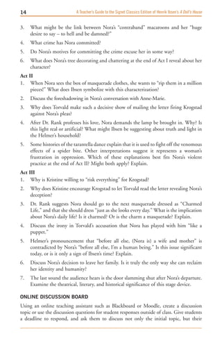 1                          A Teacher’s Guide to the Signet Classics Edition of Henrik Ibsen’s A Doll’s House


3.   What might be the link between Nora’s “contraband” macaroons and her “huge
     desire to say – to hell and be damned?”
4.   What crime has Nora committed?
5.   Do Nora’s motives for committing the crime excuse her in some way?
6.   What does Nora’s tree decorating and chattering at the end of Act I reveal about her
     character?
Act ii
1. When Nora sees the box of masquerade clothes, she wants to “rip them in a million
     pieces!” What does Ibsen symbolize with this characterization?
2.   Discuss the foreshadowing in Nora’s conversation with Anne-Marie.
3.   Why does Torvald make such a decisive show of mailing the letter firing Krogstad
     against Nora’s pleas?
4.   After Dr. Rank professes his love, Nora demands the lamp be brought in. Why? Is
     this light real or artificial? What might Ibsen be suggesting about truth and light in
     the Helmer’s household?
5.   Some histories of the tarantella dance explain that it is used to fight off the venomous
     effects of a spider bite. Other interpretations suggest it represents a woman’s
     frustration in oppression. Which of these explanations best fits Nora’s violent
     practice at the end of Act II? Might both apply? Explain.
Act iii
1. Why is Kristine willing to “risk everything” for Krogstad?
2.   Why does Kristine encourage Krogstad to let Torvald read the letter revealing Nora’s
     deception?
3.   Dr. Rank suggests Nora should go to the next masquerade dressed as “Charmed
     Life,” and that she should dress “just as she looks every day.” What is the implication
     about Nora’s daily life? Is it charmed? Or is the charm a masquerade? Explain.
4.   Discuss the irony in Torvald’s accusation that Nora has played with him “like a
     puppet.”
5.   Helmer’s pronouncement that “before all else, (Nora is) a wife and mother” is
     contradicted by Nora’s “before all else, I’m a human being.” Is this issue significant
     today, or is it only a sign of Ibsen’s time? Explain.
6.   Discuss Nora’s decision to leave her family. Is it truly the only way she can reclaim
     her identity and humanity?
7.   The last sound the audience hears is the door slamming shut after Nora’s departure.
     Examine the theatrical, literary, and historical significance of this stage device.

ONLINE DISCUSSION BOARD
Using an online teaching assistant such as Blackboard or Moodle, create a discussion
topic or use the discussion questions for student responses outside of class. Give students
a deadline to respond, and ask them to discuss not only the initial topic, but their
 