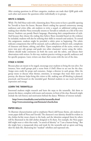 A Teacher’s Guide to the Signet Classics Edition of Henrik Ibsen’s A Doll’s House


After creating questions in all four categories, students can trade their QAR grids with
each other and answer the questions either individually or in groups.

wRITE A SEQUEL 
While The Doll House ends with a slamming door, Nora seems to leave a possible opening
for Torvald to learn his lesson. Because Ibsen’s ending has spurred controversy among
audiences and critics alike, ask students to write a sequel, or additional ending scene,
making clear whether Nora eventually returns to Torvald or embarks on a life of her own
forever. Students can parody Ibsen’s language, illustrating their comprehension of style.
And because they choose the ending they believe Ibsen intended based on the evidence
he included, students will also be utilizing their skills in research and analysis. To extend
this assignment, students might be provided a rubric prior to beginning. The rubric
indicates components that will be assessed, such as adherence to Ibsen’s style, complexity
of character and theme, editing, and effort. Upon completion of the scene, writers can
move into peer edit groups and grade two other classmates’ scenes using the rubric.
Editors should make comments on both the scene and the rubric, and discuss their
observations with writers. In this way, students practice writing to specific audiences and
for specific purposes. Later, writers can share their scenes with the rest of the class.

STAGE A SCENE
Because plays are meant to be staged, encourage your students to bring the text alive. For
instance, have small groups pick a scene from A Doll’s House to act out for the class.
Assign extra credit for props and costumes. Assign a director in each group. After the
group meets to discuss what themes, emotions, or messages they want their scene to
portray, the director helps bring this vision to life, making sure all blocking is planned,
practiced, and focused on the intended goal. Remind students to use vocal and facial
expression and energy.

LEARN THE TARANTELLA
Interested students might research and learn the steps to the tarantella. Ask them to
present the dance, complete with music and costume, in front of the class. Research might
include the rich history and motivation behind the dance. Websites of interest include:
     http://www.virtualitalia.com/articles/tarantella.shtml
     http://www.streetswing.com/histmain/z3tartla.htm

PAPER DOLLS
To illustrate characterization and to emphasize Ibsen’s doll house theme, ask students to
create paper dolls of Nora and Torvald. The character’s true identity should be evident in
the clothes he/she wears closest to the body, and the identities assigned them by others
will be illustrated in the doll clothes designed to fit them. For example, the Nora paper
doll might wear a t-shirt that reads, “in search of identity” or “I am a human being.” But
she might have a masquerade dress and mask for the tarantella and an apron and long
skirt for daily life, illustrating her “masked” rebellion and repressed role.
 