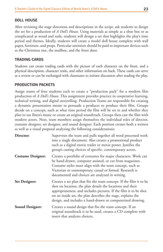 A Teacher’s Guide to the Signet Classics Edition of Henrik Ibsen’s A Doll’s House              


DOLL HOUSE
After revisiting the stage directions and descriptions in the script, ask students to design
the set for a production of A Doll’s House. Using materials as simple as a shoe box or as
complicated as wood and nails, students will design a set that highlights the play’s time
period and themes. Ideally, students will create a model doll house complete with wall
paper, furniture, and props. Particular attention should be paid to important devices such
as the Christmas tree, the mailbox, and the front door.

TRADING CARDS
Students can create trading cards with the picture of each character on the front, and a
physical description, character traits, and other information on back. These cards can serve
as a review or can be exchanged with classmates to initiate discussion after reading the play.

PRODUCTION PACKETS
Assign teams of four students each to create a “production pack” for a modern film
production of A Doll’s House. This assignment provides practice in cooperative learning,
technical writing, and digital storytelling. Production Teams are responsible for creating
a dynamic presentation meant to persuade a producer to produce their film. Groups
decide on a concept, such as what time period the film will be set in and whether they
plan to use Ibsen’s music or create an original soundtrack. Groups then cast the film with
modern actors. Next, team members assign themselves the individual roles of director,
costume designer, set designer, and sound designer. Each position creates both a written
as well as a visual proposal analyzing the following considerations:
Director:                       Supervises the team and pulls together all word processed work
                                into a single document. Also creates a promotional product
                                such as a digital movie trailer or movie poster. Justifies the
                                group’s casting choices of specific, contemporary actors.
Costume Designer:               Creates a portfolio of costumes for major characters. Work can
                                be hand-drawn, computer assisted, or cut from magazines.
                                Costume styles must align with the team concept, such as
                                Victorian or contemporary, casual or formal. Research is
                                documented and choices are analyzed in writing.
set Designer:                   Creates a set plan that fits the team concept. If the film is to be
                                shot on location, the plan details the locations and their
                                appropriateness, and includes pictures. If the film is to be shot
                                on an inside set, the plan describes the stage, explains the
                                design, and includes a hand-drawn or computerized drawing.
sound Designer:                 Creates a sound design that fits the team concept. If an
                                original soundtrack is to be used, creates a CD complete with
                                insert that analyzes choices.
 