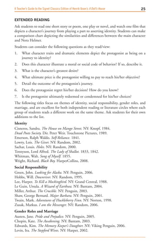 A Teacher’s Guide to the Signet Classics Edition of Henrik Ibsen’s A Doll’s House         


EXTENDED READING
Ask students to read one short story or poem, one play or novel, and watch one film that
depicts a character’s journey from playing a part to asserting identity. Students can make
a comparison chart depicting the similarities and differences between the main character
and Nora Helmer.
Students can consider the following questions as they read/view:
1.    What character traits and dramatic elements depict the protagonist as being on a
      journey to identity?
2.    Does this character illustrate a moral or social code of behavior? If so, describe it.
3.    What is the character’s greatest desire?
4.    What ultimate price is the protagonist willing to pay to reach his/her objective?
5.    Detail the outcome of the protagonist’s journey.
6.    Does the protagonist regret his/her decision? How do you know?
7.    Is the protagonist ultimately redeemed or condemned for his/her choices?
The following titles focus on themes of identity, social responsibility, gender roles, and
marriage, and are excellent for both independent reading or literature circles where each
group of students reads a different work on the same theme. Ask students for their own
additions to the list.
identity
Cisneros, Sandra. The House on Mango Street. NY: Knopf, 1984.
Dead Poets Society. Dir. Peter Weir. Touchstone Pictures, 1989.
Emerson, Ralph Waldo. Self-Reliance. 1841.
Lowry, Lois. The Giver. NY: Random, 2002.
Sachar, Louis. Holes. NY: Random, 2000.
Tennyson, Lord Alfred. The Lady of Shallot. 1833, 1842.
Whitman, Walt. Song of Myself. 1855.
Wright, Richard. Black Boy. HarperCollins, 2008.
social responsibility
Green, John. Looking for Alaska. NY: Penguin, 2006.
Hobbs, Will. Downriver. NY: Random, 1995.
Lee, Harper. To Kill a Mockingbird. NY: Grand Central, 1988.
Le Guin, Ursula. A Wizard of Earthsea. NY: Bantam, 2004.
Miller, Arthur. The Crucible. NY: Penguin, 2003.
Shaw, George Bernard. Major Barbara. NY: Penguin, 2001.
Twain, Mark. Adventures of Huckleberry Finn. NY: Norton, 1998.
Zusak, Markus. I am the Messenger. NY: Random, 2006.
gender roles and Marriage
Austen, Jane. Pride and Prejudice. NY: Penguin, 2005.
Chopin, Kate. The Awakening. NY: Bantam, 2003.
Edwards, Kim. The Memory Keeper’s Daughter. NY: Viking Penguin, 2006.
Levin, Ira. The Stepford Wives. NY: Harper, 2002.
 