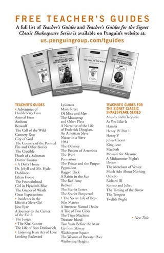 FREE TEACHER’S GUIDES
A full list of Teacher’s Guides and Teacher’s Guides for the Signet
 Classic Shakespeare Series is available on Penguin’s website at:
                 us.penguingroup.com/tguides




teacHer’S GuIdeS                Lysistrata                    teacHer’S GuIdeS For
• Adventures of                 Main Street                   tHe SIGnet claSSIc
Huckleberry Finn                Of Mice and Men               SHakeSpeare SerIeS
Animal Farm                     The Mousetrap                 Antony and Cleopatra
Anthem                          and Other Plays               As You Like It
Beowulf                         A Narrative of the Life       Hamlet
The Call of the Wild            of Frederick Douglass,        Henry IV Part I
Cannery Row                     An American Slave
                                                              Henry V
City of God                     Nectar in a Sieve
                                1984                          Julius Caesar
The Country of the Pointed                                    King Lear
Firs and Other Stories          The Odyssey
                                The Passion of Artemisia      Macbeth
The Crucible
Death of a Salesman             The Pearl                     Measure for Measure
Doctor Faustus                  Persuasion                    A Midsummer Night’s
                                The Prince and the Pauper     Dream
• A Doll’s House
Dr. Jekyll and Mr. Hyde         Pygmalion                     The Merchant of Venice
Dubliners                       Ragged Dick                   Much Ado About Nothing
Ethan Frome                     A Raisin in the Sun           Othello
The Fountainhead                The Red Pony                  Richard III
Girl in Hyacinth Blue           Redwall                       Romeo and Juliet
The Grapes of Wrath             The Scarlet Letter            The Taming of the Shrew
Great Expectations              The Scarlet Pimpernel         The Tempest
• Incidents in the              • The Secret Life of Bees     Twelfth Night
Life of a Slave Girl            Silas Marner
Jane Eyre                       A Streetcar Named Desire
A Journey to the Center         A Tale of Two Cities
of the Earth                    The Time Machine
The Jungle                                                                   • New Titles
                                Treasure Island
• The Kite Runner               Two Years Before the Mast
The Life of Ivan Denisovich     Up from Slavery
• Listening Is an Act of Love   Washington Square
Looking Backward                The Women of Brewster Place
                                Wuthering Heights
 