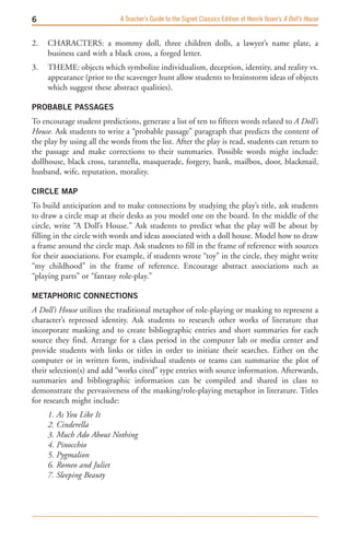 A Teacher’s Guide to the Signet Classics Edition of Henrik Ibsen’s A Doll’s House


2.   CHARACTERS: a mommy doll, three children dolls, a lawyer’s name plate, a
     business card with a black cross, a forged letter.
3.   THEME: objects which symbolize individualism, deception, identity, and reality vs.
     appearance (prior to the scavenger hunt allow students to brainstorm ideas of objects
     which suggest these abstract qualities).

PROBABLE PASSAGES
To encourage student predictions, generate a list of ten to fifteen words related to A Doll’s
House. Ask students to write a “probable passage” paragraph that predicts the content of
the play by using all the words from the list. After the play is read, students can return to
the passage and make corrections to their summaries. Possible words might include:
dollhouse, black cross, tarantella, masquerade, forgery, bank, mailbox, door, blackmail,
husband, wife, reputation, morality.

CIRCLE MAP
To build anticipation and to make connections by studying the play’s title, ask students
to draw a circle map at their desks as you model one on the board. In the middle of the
circle, write “A Doll’s House.” Ask students to predict what the play will be about by
filling in the circle with words and ideas associated with a doll house. Model how to draw
a frame around the circle map. Ask students to fill in the frame of reference with sources
for their associations. For example, if students wrote “toy” in the circle, they might write
“my childhood” in the frame of reference. Encourage abstract associations such as
“playing parts” or “fantasy role-play.”

METAPHORIC CONNECTIONS
A Doll’s House utilizes the traditional metaphor of role-playing or masking to represent a
character’s repressed identity. Ask students to research other works of literature that
incorporate masking and to create bibliographic entries and short summaries for each
source they find. Arrange for a class period in the computer lab or media center and
provide students with links or titles in order to initiate their searches. Either on the
computer or in written form, individual students or teams can summarize the plot of
their selection(s) and add “works cited” type entries with source information. Afterwards,
summaries and bibliographic information can be compiled and shared in class to
demonstrate the pervasiveness of the masking/role-playing metaphor in literature. Titles
for research might include:
     1. As You Like It
     2. Cinderella
     3. Much Ado About Nothing
     4. Pinocchio
     5. Pygmalion
     6. Romeo and Juliet
     7. Sleeping Beauty
 