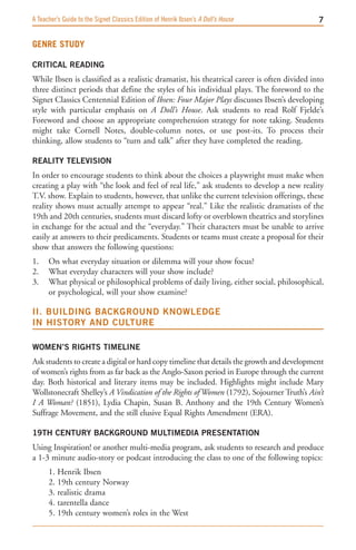 A Teacher’s Guide to the Signet Classics Edition of Henrik Ibsen’s A Doll’s House            


Genre Study

CRITICAL READING
While Ibsen is classified as a realistic dramatist, his theatrical career is often divided into
three distinct periods that define the styles of his individual plays. The foreword to the
Signet Classics Centennial Edition of Ibsen: Four Major Plays discusses Ibsen’s developing
style with particular emphasis on A Doll’s House. Ask students to read Rolf Fjelde’s
Foreword and choose an appropriate comprehension strategy for note taking. Students
might take Cornell Notes, double-column notes, or use post-its. To process their
thinking, allow students to “turn and talk” after they have completed the reading.

REALITY TELEVISION
In order to encourage students to think about the choices a playwright must make when
creating a play with “the look and feel of real life,” ask students to develop a new reality
T.V. show. Explain to students, however, that unlike the current television offerings, these
reality shows must actually attempt to appear “real.” Like the realistic dramatists of the
19th and 20th centuries, students must discard lofty or overblown theatrics and storylines
in exchange for the actual and the “everyday.” Their characters must be unable to arrive
easily at answers to their predicaments. Students or teams must create a proposal for their
show that answers the following questions:
1.    On what everyday situation or dilemma will your show focus?
2.    What everyday characters will your show include?
3.    What physical or philosophical problems of daily living, either social, philosophical,
      or psychological, will your show examine?

II. BUILDING BACKGROUND KNOwLEDGE   
IN HISTORY AND CULTURE

wOMEN’S RIGHTS TIMELINE
Ask students to create a digital or hard copy timeline that details the growth and development
of women’s rights from as far back as the Anglo-Saxon period in Europe through the current
day. Both historical and literary items may be included. Highlights might include Mary
Wollstonecraft Shelley’s A Vindication of the Rights of Women (1792), Sojourner Truth’s Ain’t
I A Woman? (1851), Lydia Chapin, Susan B. Anthony and the 19th Century Women’s
Suffrage Movement, and the still elusive Equal Rights Amendment (ERA).

19TH CENTURY BACKGROUND MULTIMEDIA PRESENTATION 
Using Inspiration! or another multi-media program, ask students to research and produce
a 1-3 minute audio-story or podcast introducing the class to one of the following topics:
      1. Henrik Ibsen
      2. 19th century Norway
      3. realistic drama
      4. tarentella dance
      5. 19th century women’s roles in the West
 