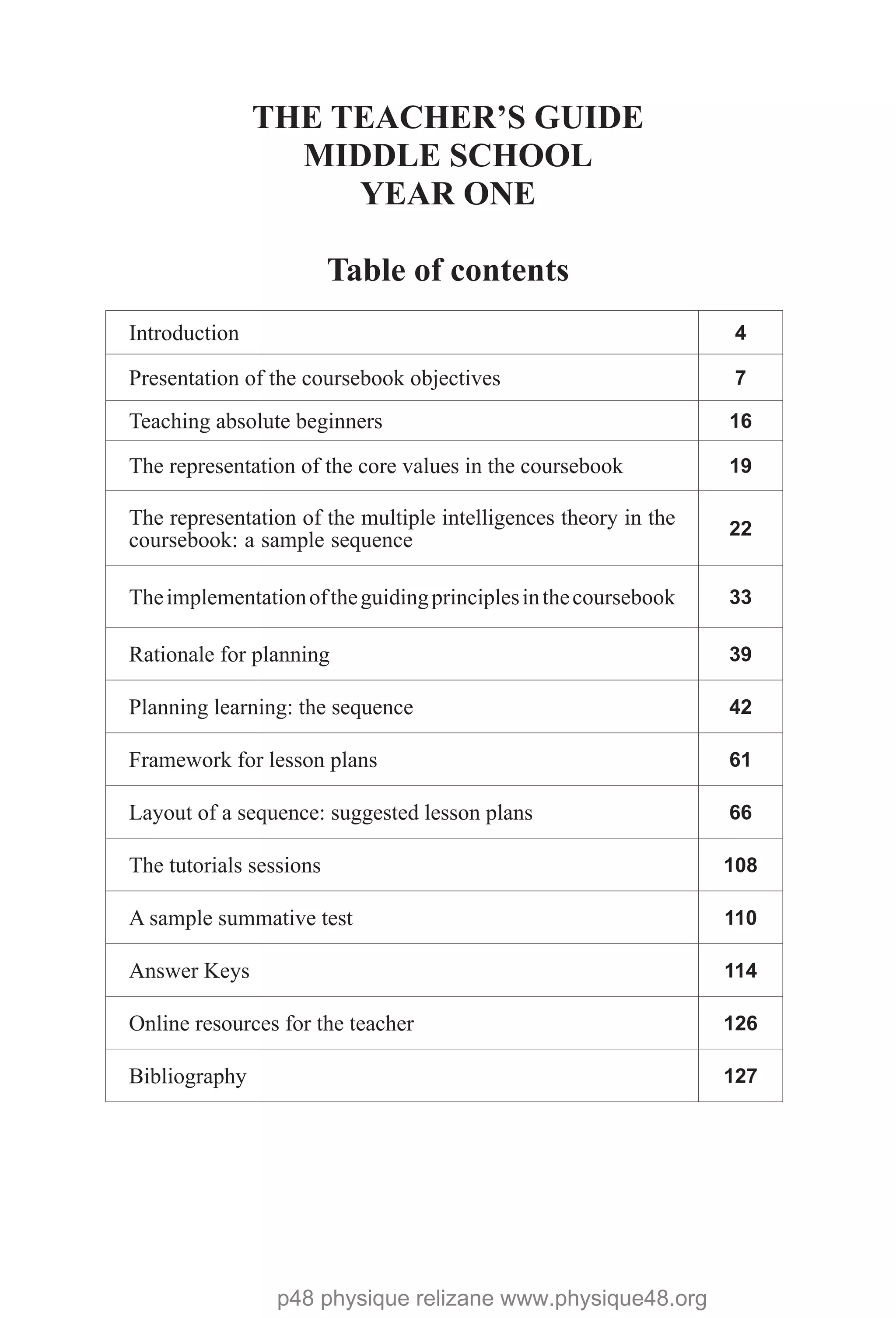 THE TEACHER’S GUIDE
MIDDLE SCHOOL
YEAR ONE
Table of contents
Introduction 4
Presentation of the coursebook objectives 7
Teaching absolute beginners 16
The representation of the core values in the coursebook 19
The representation of the multiple intelligences theory in the
coursebook: a sample sequence
22
Theimplementationoftheguidingprinciplesinthecoursebook 33
Rationale for planning 39
Planning learning: the sequence 42
Framework for lesson plans 61
Layout of a sequence: suggested lesson plans 66
The tutorials sessions 108
A sample summative test 110
Answer Keys 114
Online resources for the teacher 126
Bibliography 127
p48 physique relizane www.physique48.org
 