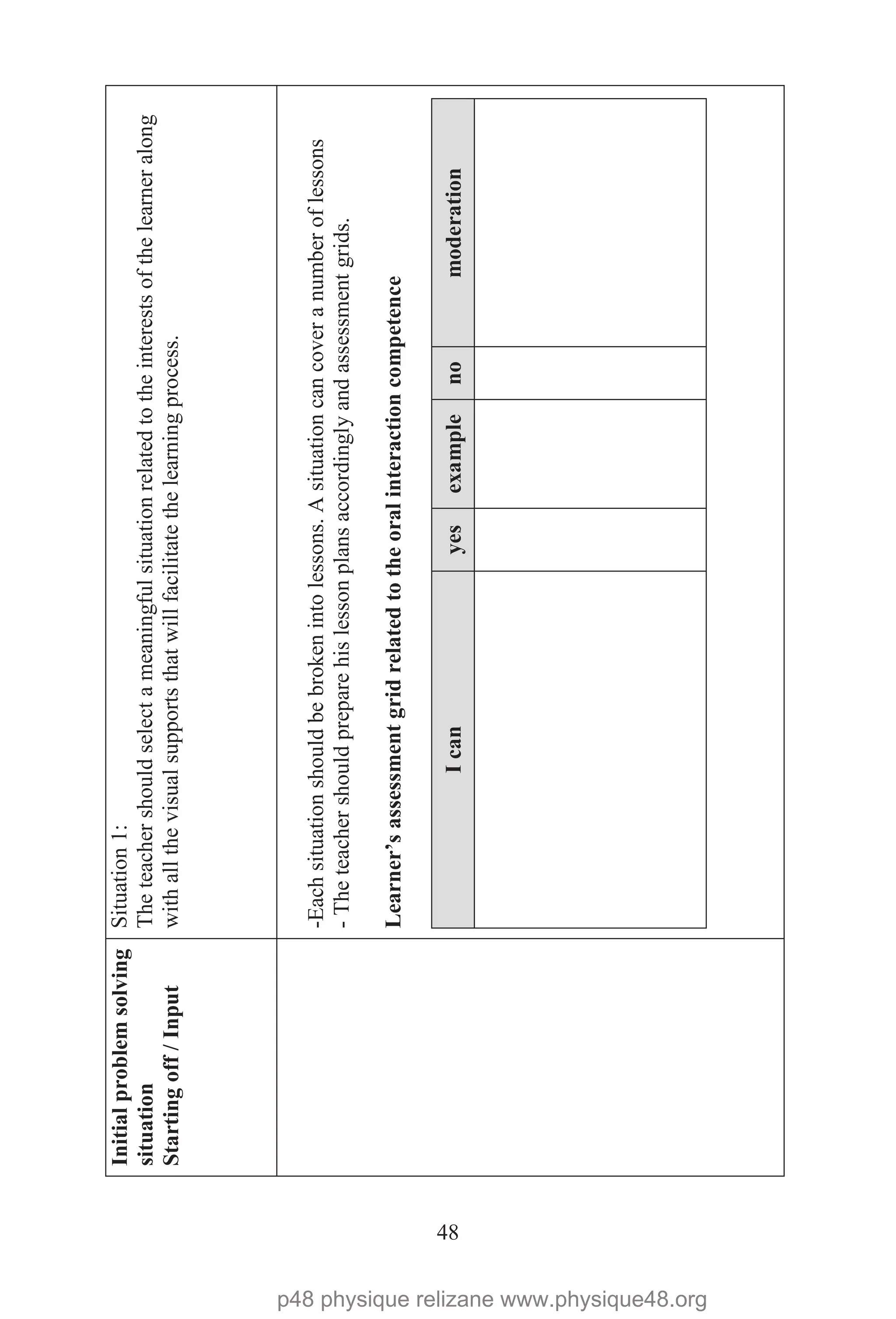 48
Initialproblemsolving
situation
Startingoff/Input
Situation1:
Theteachershouldselectameaningfulsituationrelatedtotheinterestsofthelearneralong
withallthevisualsupportsthatwillfacilitatethelearningprocess.
-Eachsituationshouldbebrokenintolessons.Asituationcancoveranumberoflessons
-Theteachershouldpreparehislessonplansaccordinglyandassessmentgrids.
Learner’sassessmentgridrelatedtotheoralinteractioncompetence
Icanyesexamplenomoderation
p48 physique relizane www.physique48.org
 