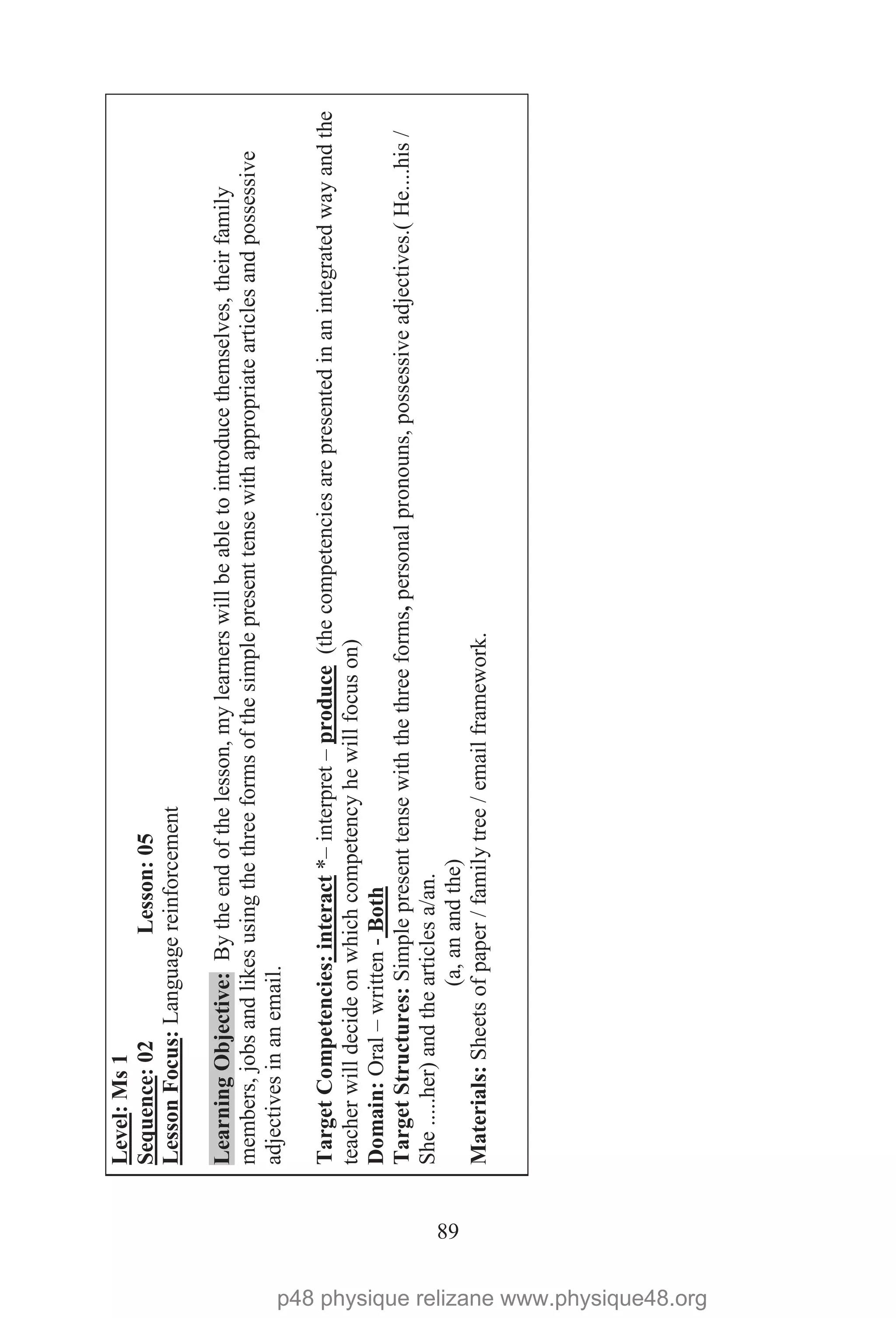 89
Level:Ms1
Sequence:02Lesson:05
LessonFocus:Languagereinforcement
LearningObjective:Bytheendofthelesson,mylearnerswillbeabletointroducethemselves,theirfamily
members,jobsandlikesusingthethreeformsofthesimplepresenttensewithappropriatearticlesandpossessive
adjectivesinanemail.
TargetCompetencies:interact*–interpret–produce
Domain:Oral–written-
(thecompetenciesarepresentedinanintegratedwayandthe
teacherwilldecideonwhichcompetencyhewillfocuson)
TargetStructures:Simplepresenttensewiththethreeforms,personalpronouns,possessiveadjectives.(He....his/
She.....her)andthearticlesa/an.
Both
(a,anandthe)
Materials:Sheetsofpaper/familytree/emailframework.
p48 physique relizane www.physique48.org
 