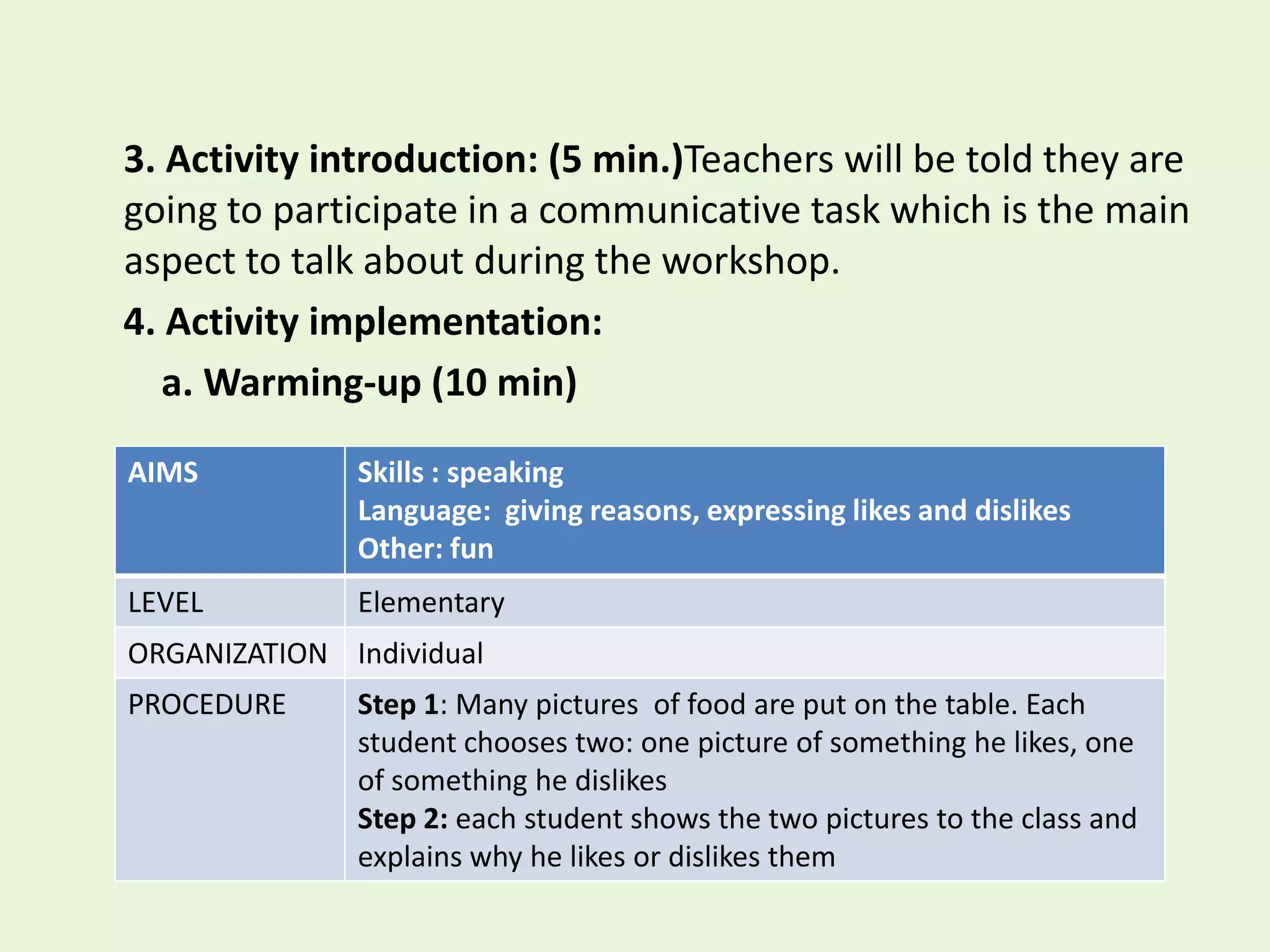 3. Activity introduction: (5 min.)Teachers will be told they are
going to participate in a communicative task which is the main
aspect to talk about during the workshop.
4. Activity implementation:
   a. Warming-up (10 min)

AIMS          Skills : speaking
              Language: giving reasons, expressing likes and dislikes
              Other: fun
LEVEL         Elementary
ORGANIZATION Individual
PROCEDURE     Step 1: Many pictures of food are put on the table. Each
              student chooses two: one picture of something he likes, one
              of something he dislikes
              Step 2: each student shows the two pictures to the class and
              explains why he likes or dislikes them
 