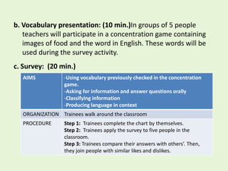 b. Vocabulary presentation: (10 min.)In groups of 5 people
   teachers will participate in a concentration game containing
   images of food and the word in English. These words will be
   used during the survey activity.
c. Survey: (20 min.)
   AIMS           -Using vocabulary previously checked in the concentration
                  game.
                  -Asking for information and answer questions orally
                  -Classifying information
                  -Producing language in context
   ORGANIZATION Trainees walk around the classroom
   PROCEDURE      Step 1: Trainees complete the chart by themselves.
                  Step 2: Trainees apply the survey to five people in the
                  classroom.
                  Step 3: Trainees compare their answers with others’. Then,
                  they join people with similar likes and dislikes.
 