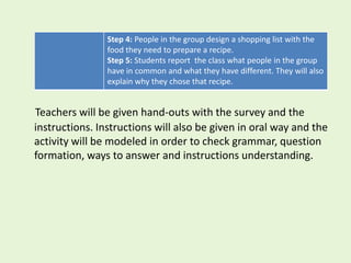 Step 4: People in the group design a shopping list with the
                food they need to prepare a recipe.
                Step 5: Students report the class what people in the group
                have in common and what they have different. They will also
                explain why they chose that recipe.


Teachers will be given hand-outs with the survey and the
instructions. Instructions will also be given in oral way and the
activity will be modeled in order to check grammar, question
formation, ways to answer and instructions understanding.
 