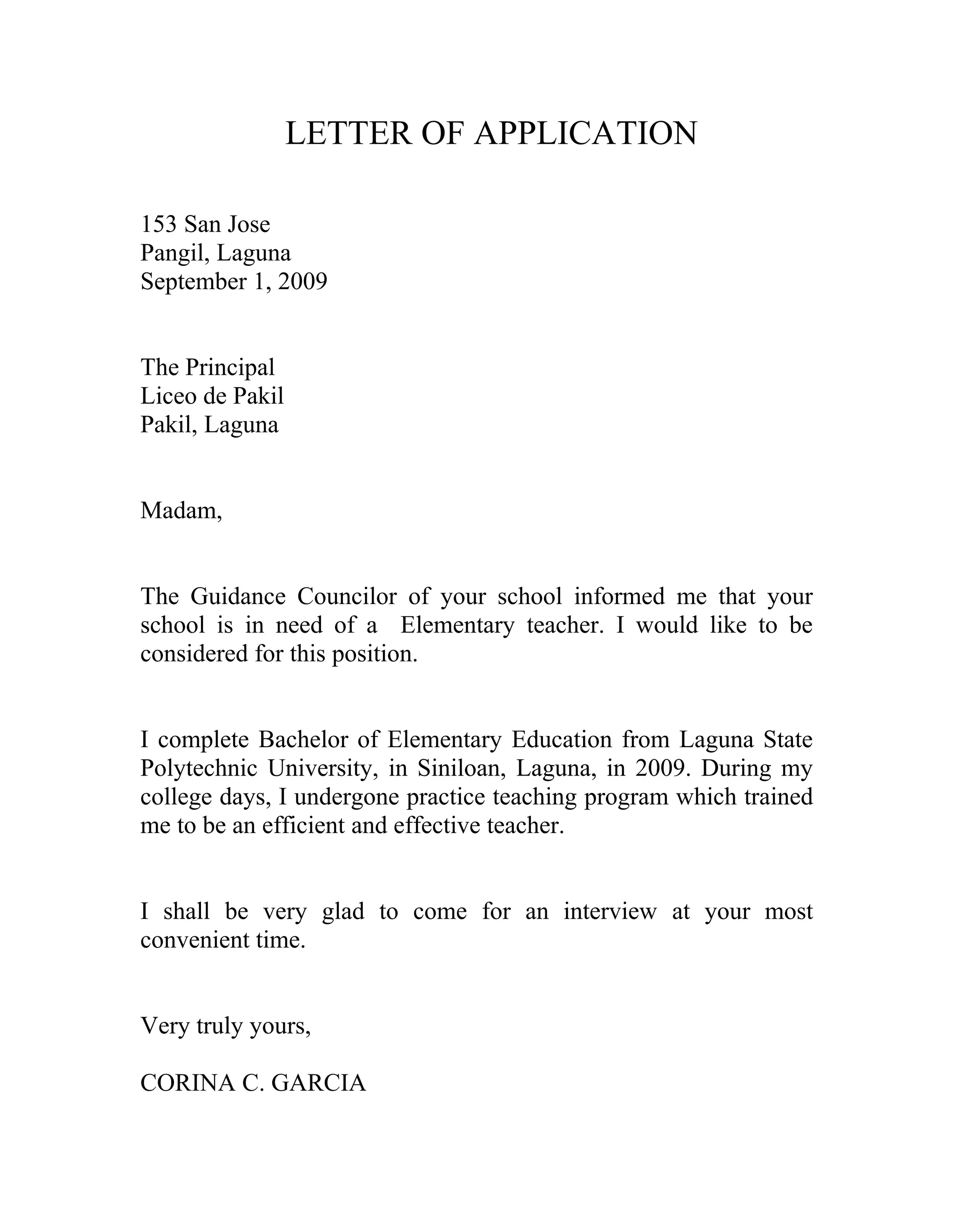Teachers Application Letter | DOC