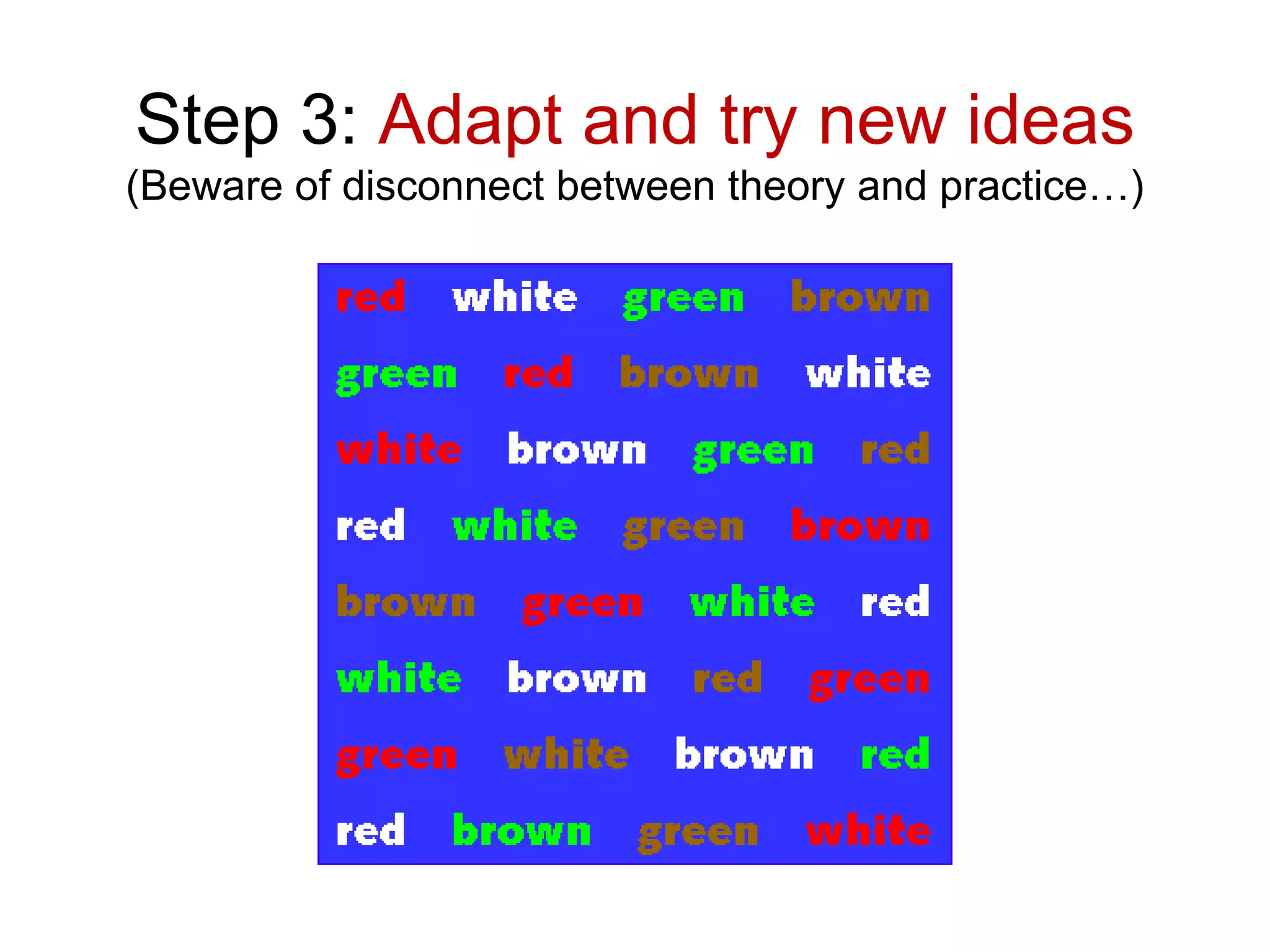 Step 3: Adapt and try new ideas
(Beware of disconnect between theory and practice…)
 