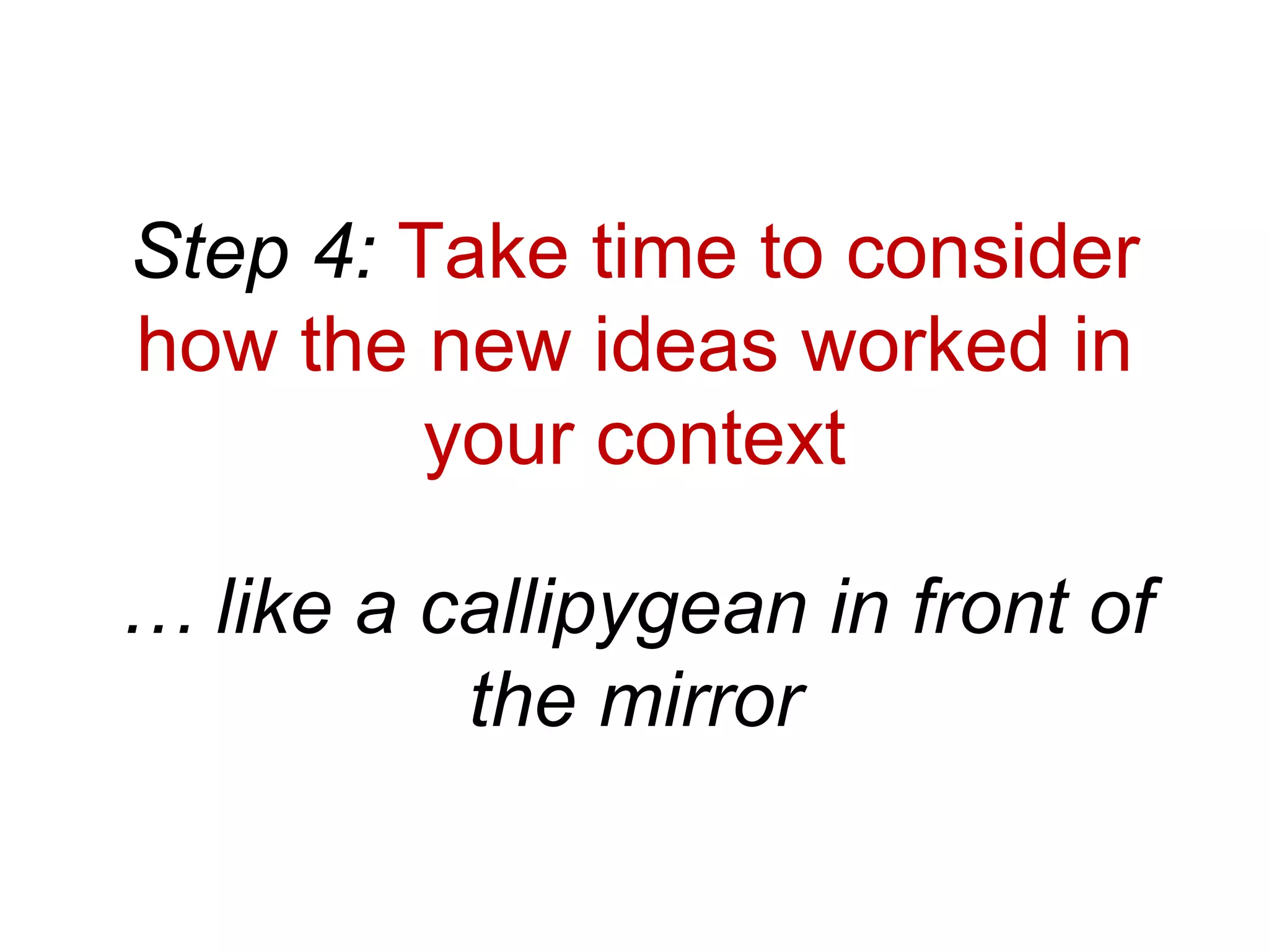 Step 4: Take time to consider
how the new ideas worked in
         your context

… like a callipygean in front of
          the mirror
 