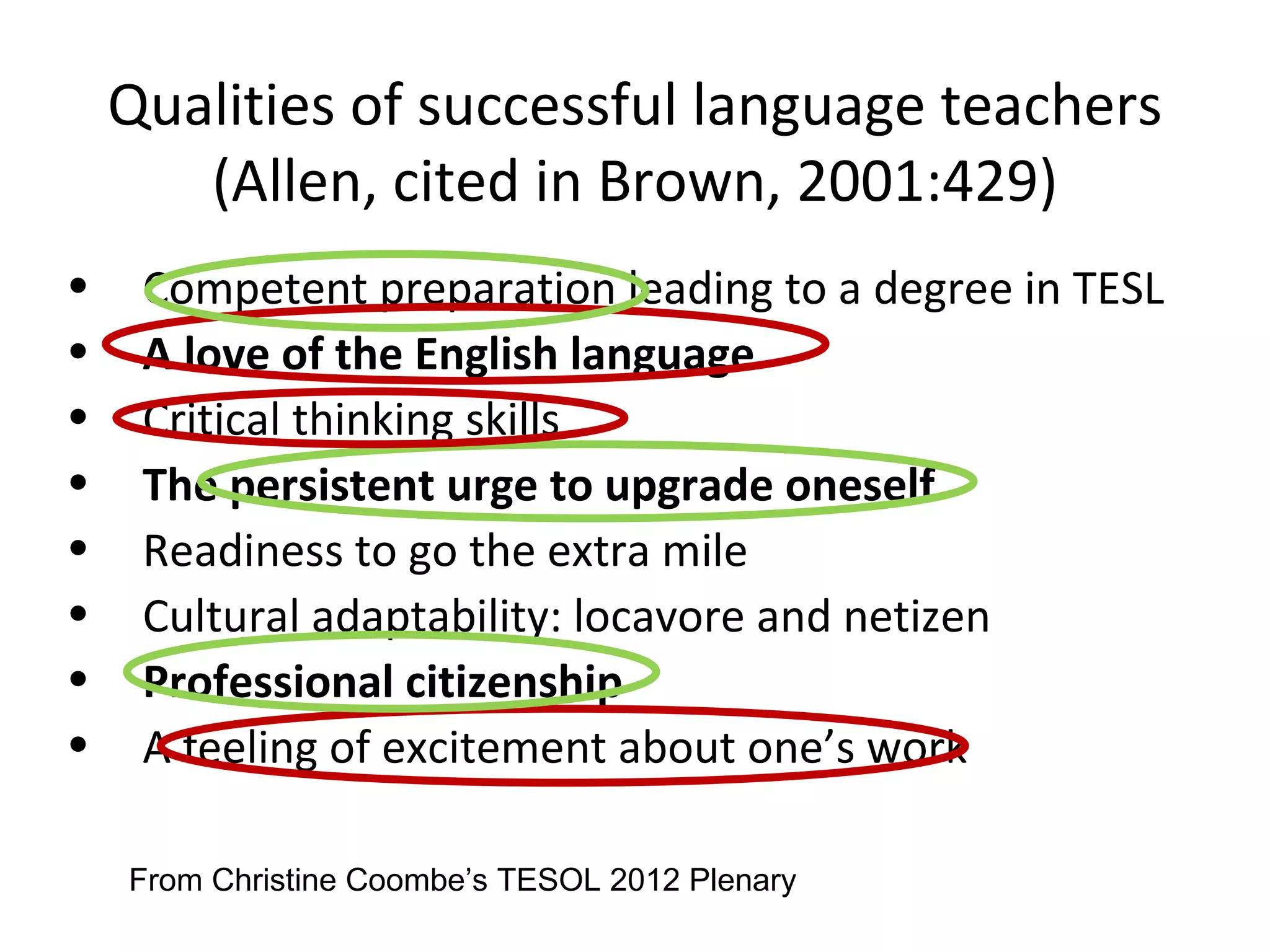 Qualities of successful language teachers
       (Allen, cited in Brown, 2001:429)
•    Competent preparation leading to a degree in TESL
•    A love of the English language
•    Critical thinking skills
•    The persistent urge to upgrade oneself
•    Readiness to go the extra mile
•    Cultural adaptability: locavore and netizen
•    Professional citizenship
•    A feeling of excitement about one’s work

    From Christine Coombe’s TESOL 2012 Plenary
 