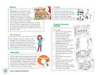 x
Gumdrops posters provide the teacher
with an effective visual tool to introduce
and reinforce target vocabulary and
language. Each unit comes with a large,
colorful, theme-related poster. A reproduction
of the poster is included in the Unit Opener
of the Student’s Book to keep individual
students engaged while you are working with a volunteer
in front of the class. Suggestions for use are given in both
the Teacher’s Guide and the Gumdrops Support Booklet. A
projectable version of the posters is included on the Teacher’s
Resource CD-ROM.
Each unit comes with large, theme-
related cut-out cards. These beautifully
illustrated visual aids allow the teacher
to present and practice language
through a variety of games and activities.
This includes:
• The Gumdrops Support Booklet,
which contains the series
philosophy and methodology,
as well as valuable tips for
presenting language and
vocabulary, developing skills and
making the most of all of the
Gumdrops components.
• Unit 0 and Track 0, to be used in
the first days of classes.
• Fast Finishers pages to give students
who finish early a purposeful,
independent activity to do while
you are working with the rest of
the class.
• Photocopiable assessments for
each unit.
• A Generic Progress Chart template.
• Scrapbook covers for each unit.
• Picture Dictionary pages.
• Numerous templates that simplify
class preparation and further develop
and extend a range of skills.
Posters
r
Back to School
Richmond
Un
it
1
2 10/23/12 9:42 AM
SCHOOL BUS
and
cut.
Color
Unit 1 Fast Finishers Week 1
t 1 Fast Finishers Week 1
Lookand
match.
Unit 1 Fast Finishers Week 3
Cutouts
The Class Audio includes recordings by native English
speakers of all the songs, chants, rhymes and stories as
well as the songs and chants of the Holidays section.
A transcript of all the recordings appears at the back
of the Teacher’s Guide as a reference. A digital copy
of the transcript is included on the Teacher’s Resource
CD-ROM so that you can send it to parents.
Class Audio
The stick puppets enable the teacher to model
language in an entertaining way. They can also
be used to encourage more reserved students to
participate through role-playing. See the Teacher’s
Guide and the Gumdrops Support Booklet for
further suggestions on how to use the stick puppets.
Stick Puppets
Teacher's Resource
CD-ROM
Teacher's Components and Resources
Unit 1 Fast Finishers Week 3
PicturedictionaryUnit 1 School
draw glue glue stick
crayon cut
color
draw glue glue stick
MyscrapbookUn
it
1
School
D.R.©
Richmond Publishing, S.A. de C.V., 2013
Cla
ss Audio
2
Richmond
Richmond
Unit 2
Unit 1
GM2 TCH-CO.indd 1
00 GM TG2 U0 intro.indd 10 1/4/13 12:18 PM
 