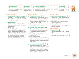 Learning Goals:
Students can use new words
they have heard appropriately
in familiar contexts.
Vocabulary:
house, living room,
bedroom, kitchen,
bathroom; colors
Language Structures:
Active: He’s in the living room.
Passive: Look at the rooms in my house. This is the kitchen.
Where’s the blue Gummy Drop?
Materials:
response fan
(See page T6),
crayons
Communication,
Language and Literacy
Unit 5 Lesson 13 T36
Before the Class
1. Song: It’s Time To Start The Class 27
Play Track 27, It’s Time To Start The Class.
Teach students the words to the song and
encourage them to sing.
2. Review: Colors
Distribute the response fans. (See Materials.)
Give students commands for showing you
different colors
T: Show me purple.
SS: (Students hold up the purple strip.)
Walk around the class helping students
ﬁnd the correct strip and hold it up. Give
individual students a thumbs-up signal if
they are correct. Shake your head if they
are incorrect, and tell them to look for
a different strip. When the activity has
ﬁnished, collect and store the fans away.
During the Class
1. Presentation: Rooms
Display Poster 5. Use the Gummy Drop stick
puppet to introduce the rooms in the house.
GUMMY DROP PUPPET: (Puppet points to the
kitchen.) Look at the rooms in my house. This
is the kitchen. Say “Kitchen.”
SS: Kitchen.
Repeat with the rest of the rooms.
2. Student’s Book: Color and say. SB
Hand out the Student’s Books open to page
36. Have students point to the gumdrops.
Then ask them where each gumdrop is
located.
T: Point to the blue gumdrop. Where’s the blue
Gummy Drop?
T/SS: He’s in the living room.
Continue in the same manner with the rest
of the activity. Finally, distribute crayons and
have students color the gumdrops according
to the outline.
3. Song: Rooms In My House SB 28
Distribute ﬁnger puppets. Play Track 28,
Rooms In My House. Encourage them to sing
as they point to the corresponding rooms
in their Student’s Books, page 36, using their
ﬁnger puppets. Finally, name different rooms
and have students point to them.
After the Class
1. Game: Where’s Gummy Drop?
Display Poster 5. Attach the Gummy Drop
stick puppet to different rooms. Ask students
questions.
T: (Put Gummy Drop in the living room.)
Where’s Gummy Drop?
SS: He’s in the living room.
Change the locations of the stick puppet and
continue the activity.
Extra Activities
1. Fast Finishers TCH
See Fast Finishers: Week 1, part 1, on page
T37a.
Play Game 7 on the Interactive CD-ROM. INT
01 GM TG2 U5.indd 103 12/6/12 10:44 AM
 