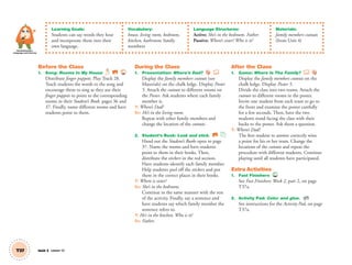 Communication,
Language and Literacy
Learning Goals:
Students can say words they hear
and incorporate them into their
own language.
Vocabulary:
house, living room, bedroom,
kitchen, bathroom; family
members
Language Structures:
Active: She’s in the bedroom. Father.
Passive: Where’s sister? Who is it?
Materials:
family members cutouts
(from Unit 4)
T37 Unit 5 Lesson 13
Before the Class
1. Song: Rooms In My House SB 28
Distribute ﬁnger puppets. Play Track 28.
Teach students the words to the song and
encourage them to sing as they use their
ﬁnger puppets to point to the corresponding
rooms in their Student’s Book, pages 36 and
37. Finally, name different rooms and have
students point to them.
During the Class
1. Presentation: Where’s Dad?
Display the family members cutouts (see
Materials) on the chalk ledge. Display Poster
5. Attach the cutouts to different rooms on
the Poster. Ask students where each family
member is.
T: Where’s Dad?
SS: He’s in the living room.
Repeat with other family members and
change the location of the cutouts.
2. Student’s Book: Look and stick. SB
Hand out the Student’s Books open to page
37. Name the rooms and have students
point to them in their books. Then,
distribute the stickers in the red section.
Have students identify each family member.
Help students peel off the stickers and put
them in the correct places in their books.
T: Where is sister?
SS: She’s in the bedroom.
Continue in the same manner with the rest
of the activity. Finally, say a sentence and
have students say which family member the
sentence refers to.
T: He’s in the kitchen. Who is it?
SS: Father.
After the Class
1. Game: Where Is The Family?
Display the family members cutouts on the
chalk ledge. Display Poster 5.
Divide the class into two teams. Attach the
cutouts to different rooms in the poster.
Invite one student from each team to go to
the front and examine the poster carefully
for a few seconds. Then, have the two
students stand facing the class with their
backs to the poster. Ask them a question.
T: Where’s Dad?
The ﬁrst student to answer correctly wins
a point for his or her team. Change the
locations of the cutouts and repeat the
procedure with different students. Continue
playing until all students have participated.
Extra Activities
1. Fast Finishers TCH
See Fast Finishers: Week 2, part 2, on page
T37a.
2. Activity Pad: Color and glue. AP
See instructions for the Activity Pad, on page
T37a.
01 GM TG2 U5.indd 104 12/6/12 10:51 AM
 