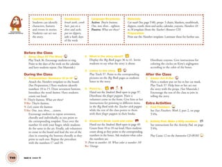 T49 Unit 6 Lesson 18
Learning Goals:
Students can identify
characters, features
and events in stories.
Students can act out
the story.
Vocabulary:
brush teeth, comb
hair, put on a
dress and socks,
put on slippers,
take a bath; days
of the week
Language Structures:
Active: They’re buttons.
One, two, three... eighteen.
Passive: What are these?
Materials:
Cat mask (See page T48), props: 3 chairs, blankets, toothbrush,
slippers, comb, dress and socks; calendar, crayons, Numbers 10
to 18 templates (from the Teacher’s Resource CD)
Preparation:
Print out the Numbers templates. Laminate them for further use.
Communication,
Language and Literacy
Before the Class
1. Song: Days Of The Week 36
Play Track 36. Encourage students to sing.
Point to the days of the week on the calendar
and have students repeat. (See Materials.)
During the Class
1. Presentation: Numbers 10 to 18 TCH
Attach the Numbers templates to the board.
(See Preparation.) Have students identify
numbers 10 to 15. Draw seventeen buttons.
Introduce the word button. Have students
count out loud.
T: They’re buttons. What are these?
T/SS: They’re buttons.
T: Let’s count the buttons.
T/SS: One, two, three,…sixteen.
Encourage students to repeat seventeen,
chorally and individually, as you point to
the corresponding template. Trace over the
number 16 with your ﬁnger, while students
do the same in the air. Finally, ask volunteers
to come to the board and lead the rest of the
class in counting the buttons chorally as they
point to each one. Repeat the procedure
with the numbers 17 and 18.
2. What is the story about? BB
Display the Big Book pages 36 to 41. Invite
students to say what the story is about.
3. Listen to the story. BB 37
Play Track 37. Point to the corresponding
pictures on the Big Book pages as students
listen to the story.
4. Point to… BB SB
Hand out the Student’s Book open to page 97.
Distribute the ﬁnger puppets. Have a
volunteer come to the front. Give him or her
instructions for pointing to different items
in the Big Book with the Teacher stick puppet
while the rest of the class points to them
with their ﬁnger puppets in their books.
5. Student’s Book: Look and color. SB
Hand out the Student’s Book open to page 49.
Count from 10 to 18 out loud. Have students
count along as they point to the corresponding
numbers in the boxes. Ask students what color
the numbers are.
T: Point to number 10. What color is number 10?
SS: Orange.
Distribute crayons. Give instructions for
coloring the circles on Kitty’s nightgown
according to the color of the boxes.
After the Class
1. Game: Act It Out 37
Have a student put on his or her cat mask.
Play Track 37. Help him or her act out
the story with the props. (See Materials.)
Encourage the rest of the class to join in
telling the story.
Extra Activities
1. Fast Finishers TCH
See Fast Finishers: Week 3, part 2, on page
T49a.
2. Activity Pad: Make a Kitty necklace. AP
See instructions for the Activity Pad, on page
T49a.
Play Game 12 on the Interactive CD-ROM. INT
01 GM TG2 U6.indd 138 12/6/12 11:55 AM
 