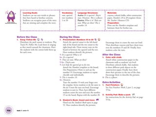 T53 Unit 7 Lesson 19
Problem Solving,
Reasoning and Numeracy
Learning Goals:
Students can use new words or phrases
they have heard in familiar contexts.
Students can recognize parts of the story
that are missing and complete the story.
Vocabulary:
nuts, squirrel,
tree; numbers
1 to 20
Language Structures:
Active: It’s a squirrel. They’re
nuts. Nineteen. This is a flower.
Passive: What is it? These are
nuts. What are these? This is
number 19.
Materials:
crayons, colored chalks, white construction
paper, Numbers 10 to 20 templates (from
the Teacher’s Resource CD)
Preparation:
Print out the Numbers templates and
laminate them for further use.
Before the Class
1. Song: Follow Me 39
Distribute the park cutouts to students. Play
Track 39, Follow Me. Lead them in singing
as they march around the classroom. Have
the students with the cutouts hold them up
for each verse.
During the Class
1. Presentation: Numbers 10 to 20 TCH
Attach the squirrel cutout to the left-hand
side of the board and the tree cutout to the
right-hand side. Draw twenty nuts on the
board in between the squirrel and the tree.
Have students identify the pictures
T: It’s a squirrel. What is it?
SS: It’s a squirrel.
T: These are nuts. What are these?
T/SS: They’re nuts.
T: Let’s help the squirrel get to the tree.
Attach the Numbers templates to the board.
(See Preparation.) Point to and say the
number 19. Encourage students to repeat
chorally and individually.
T: This is number 19.
SS: Nineteen.
Trace the number 19 with your ﬁnger over
the template. Invite students to do the same in
the air. Count the nuts out loud. Encourage
students to join in. Then, have different
students count the nuts and trace the number
19 on the board. Repeat with the number 20.
2. Student’s Book: Count and trace. SB
Hand out the Student’s Book open to page
53. Have students identify the pictures.
Encourage them to count the nuts out loud.
Then distribute crayons and have them trace
over the numbers 19 and 20. Finally, have
students color the nuts.
After the Class
1. Color with chalk.
Attach white construction paper to the
classroom walls at students’ eye level.
Distribute colored chalks. Ask students
to draw different park objects on the
construction paper. Finally, have them
show their pictures to the rest of the class.
Encourage them to describe the pictures.
S: This is a ﬂower.
Extra Activities
1. Fast Finishers TCH
See Fast Finishers: Week 2, part 2, on page
T53a.
2. Activity Pad: Make a park. AP
See instructions for the Activity Pad, on page
T53a.
01 GM TG2 U7.indd 148 12/6/12 11:59 AM
 