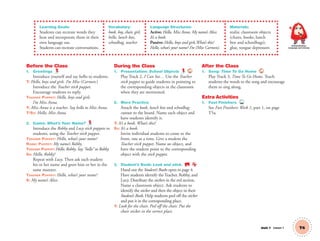 Communication,
Language and Literacy
Unit 1 Lesson 1 T4
Learning Goals:
Students can recreate words they
hear and incorporate them in their
own language use.
Students can recreate conversations.
Vocabulary:
book, boy, chair, girl,
hello, lunch box,
schoolbag, teacher
Language Structures:
Active: Hello, Miss Anna. My name’s Alice.
It’s a book.
Passive: Hello, boys and girls.What’s this?
Hello, what’s your name? I’m (Miss Carmen).
Materials:
realia: classroom objects
(chairs, books, lunch
box and schoolbags);
glue, tongue depressors
Before the Class
1. Greetings
Introduce yourself and say hello to students.
T: Hello, boys and girls. I’m Miss (Carmen.)
Introduce the Teacher stick puppet.
Encourage students to reply.
TEACHER PUPPET: Hello, boys and girls.
I’m Miss Anna.
T: Miss Anna is a teacher. Say hello to Miss Anna.
T/SS: Hello, Miss Anna.
2. Game: What’s Your Name?
Introduce the Robby and Lucy stick puppets to
students, using the Teacher stick puppet.
TEACHER PUPPET: Hello, what’s your name?
ROBBY PUPPET: My name’s Robby.
TEACHER PUPPET: Hello, Robby. Say “hello” to Robby.
SS: Hello, Robby!
Repeat with Lucy. Then ask each student
his or her name and greet him or her in the
same manner.
TEACHER PUPPET: Hello, what’s your name?
S: My name’s Alice.
During the Class
1. Presentation: School Objects 2
Play Track 2, I Can See… Use the Teacher
stick puppet to guide students in pointing to
the corresponding objects in the classroom
when they are mentioned.
2. More Practice
Attach the book, lunch box and schoolbag
cutouts to the board. Name each object and
have students identify it.
T: It’s a book. What’s this?
SS: It’s a book.
Invite individual students to come to the
front, one at a time. Give a student the
Teacher stick puppet. Name an object, and
have the student point to the corresponding
object with the stick puppet.
3. Student’s Book: Look and stick. SB
Hand out the Student’s Books open to page 4.
Have students identify the Teacher, Robby, and
Lucy. Distribute the stickers in the red section.
Name a classroom object. Ask students to
identify the sticker and then the object in their
Student’s Book. Help students peel off the sticker
and put it in the corresponding place.
T: Look for the chair. Peel off the chair. Put the
chair sticker in the correct place.
After the Class
1. Song: Time To Go Home 3
Play Track 3, Time To Go Home. Teach
students the words to the song and encourage
them to sing along.
Extra Activities
1. Fast Finishers TCH
See Fast Finishers: Week 1, part 1, on page
T5a.
01 GM TG2 U1.indd 15 12/6/12 9:32 AM
 