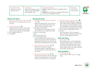 Unit 8 Lesson 22 T60
Personal, Social
and Emotional Development
Learning Goals:
Students can express
what they want.
Vocabulary:
chicken, fish, hungry, juice, meat,
milk, pizza, rice, salad, spaghetti,
thirsty, vegetables, water
Language Structures:
Active: It’s spaghetti. Yes./No. I want spaghetti, please.
It’s food.
Passive:What is it? (Susan), are you hungry?What do you
want to eat? Is the fish food or drink?
Materials:
CD with soft
music, crayons
Before the Class
1. Song: It’s Time To Start The Class 27
Play Track 27. Encourage students to sing
the song.
2. Presentation: Food
Display the food and drinks cutouts on the
board. Point to and name each one. Have
students repeat chorally and individually.
T: This is spaghetti. What is it?
SS: It’s spaghetti.
During the Class
1. Presentation: What Does He Want To
Eat?
Display the spaghetti, ﬁsh, meat, pizza and
chicken cutouts on the board. Point to the
chicken cutout and rub your tummy.
T: I’m hungry! I want chicken!
Ask students if they are hungry and what
they would like to eat. Help them answer.
T: (Susan), are you hungry?
S: Yes.
T: What do you want to eat?
T/S: I want spaghetti, please.
Give the students the cutout their names.
Repeat the procedure until all students have
participated. Continue in the same manner
with Are you thirsty? What do you want to drink?
2. Song: Everyone Is Hungry 43
Play Track 43, Everyone Is Hungry.
Encourage students to sing along and act
out the song. Point to each cutout when it is
mentioned.
3. Song: Everyone Is Thirsty 44
Play Track 44, Everyone Is Thirsty. Encourage
students to sing along and act out the song.
Point to each cutout when it is mentioned.
4. Student’s Book: Look and color. SB
Hand out the Student’s Book open to page 60.
Have students point to Robby and ask them
if he is hungry or thirsty. Distribute crayons.
Then tell students to identify the food. Have
them color the corresponding frames orange.
T: Point to the ﬁsh. Is the ﬁsh food or drink?
SS: It’s food.
Next, ask students if Lucy is hungry or
thirsty. Ask them to identify the drinks and
color the corresponding frames blue.
After the Class
1. Musical Fruit
Have students sit in a circle and distribute
the food and drinks cutouts at random. Play
soft music. Have students pass the cutouts
around the circle. Pause the music. Name a
food or drink and have the student with that
cutout hold it up and name it.
Extra Activities
1. Fast Finishers TCH
See Fast Finishers: Week 1, part 1, on page
T61a.
01 GM TG2 U8.indd 169 12/6/12 12:49 PM
 