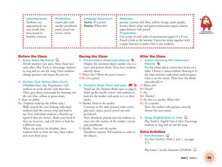 Learning Goals:
Students can
appropriately use
new words they
have heard in
familiar contexts.
Vocabulary:
crayon, glue stick,
marker, paintbrush,
pencil, pencil case,
scissors; colors
Language Structures:
Active: It’s a pencil.
Passive: What’s this?
Materials:
pencils, crayons, red, blue, yellow, orange, pink, purple,
brown, black, white and green construction paper, scissors,
paper fastener, hole punch
Preparation:
Cut a strip of each color of construction paper (3 x 8 cm).
Punch a hole at the bottom. Fasten the strips together with
a paper fastener to make a fan (1 per student).
Unit 1 Lesson 2 T6
Before the Class
1. Song: Hello, My Friend 4
Divide students into pairs. Have them face
each other. Play Track 4. Encourage students
to sing and act out the song. Have students
change partners and repeat the activity.
2. Review: Red, Yellow, Blue, Green
Distribute fans. (See Preparation.) Tell
students to work silently with their fans.
Then, give them commands for showing you
the red, blue, yellow or green strips.
T: Show me yellow.
SS: (Students hold up the yellow strip.)
Walk around the class helping individual
students ﬁnd the correct strip and hold it
up. Give individual students a thumbs-up
signal if they are correct. Shake your head if
they are incorrect, and tell them to look for
a different strip.
When the activity has ﬁnished, show
students how to close the fans, then collect
and store them away.
Communication,
Language and Literacy
During the Class
1. Presentation: Classroom Objects
Display the classroom objects cutouts, one at a
time, and present them. Then have students
identify them.
T: What’s this? (Show the pencil cutout.)
T/SS: It’s a pencil.
2. Student’s Book: Trace and color. SB
Hand out the Student’s Books open to page 6.
Hold up the marker cutout. Ask students to
look for the marker and point to it in their
books.
T: Marker. Point to the marker.
Continue in the same manner with scissors,
glue stick, crayon, pencil, pencil case and
paintbrush.
Next, distribute pencils and ask students to
trace over the outline of the marker, crayon
and paintbrush.
T: Marker. Trace over the marker.
Distribute crayons. Tell students to color in
the objects.
After the Class
1. Game: Guessing The Classroom
Objects
Put the school objects cutouts face down on a
table. Choose a cutout without showing it to
the class and have individual students guess
what is on the cutout. Then have the whole
class identify it.
T: What’s this?
S1: Pencil?
T: No.
S2: Marker?
T: Yes, this is a marker. What’s this?
SS: It’s a marker.
Have the student who guesses correctly
choose the next cutout.
2. Song: English Class Is Over 6
Play Track 6, English Class Is Over. Encourage
students to sing and act out the song.
Extra Activities
1. Fast Finishers TCH
See Fast Finishers: Week 2, part 1, on page
T7a.
Play Game 1 on the Interactive CD-ROM. INT
01 GM TG2 U1.indd 21 12/11/12 5:55 PM
 