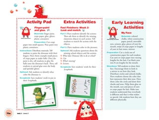 Activity Pad
Finger-paint
and glue. AP
Materials: finger paint,
crepe paper, glue, glitter,
plastic containers
Preparation: Cut crepe
paper into small squares. Pour paint into
plastic containers.
Instructions: Distribute materials. Tell
students to paint the dinosaur with their
fingers. Have them crumple small pieces
of crepe paper to make balls. Once the
paint is dry, tell students to glue the
balls onto the dinosaur’s back. Then, tell
students to spread glue onto the body
and sprinkle glitter.
Optional: Ask students to identify what
color the dinosaur is.
Scrapbook: Save students’ work to put in
their Scrapbooks.
Extra Activities
Fast Finishers: Week 3:
Look and match. TCH
Part 1: Have students identify the actions.
Then ask them to identify the missing
classroom objects in each action. Tell
students to match the actions with the
objects.
Part 2: Have students color in the pictures.
Optional: Ask students questions about the
missing school objects and the actions.
T: What does Dinosaur like to do at school?
S: Cut.
T: What’s missing?
S: Scissors.
Scrapbook: Save students’ work for their
Scrapbooks.
Artistic Development
T9a Unit 1 Lesson 3
Early Learning
Activities
My Face
Materials: colored
chalks, white construction
paper, pencil, moveable
eyes, scissors, glue, pieces of yarn for
mouth, strips of crepe paper or lengths
of yarn in hair tones, mirrors
Preparation: Cut a circle out of
construction paper for each student.
Cut yarn or crepe paper into varying
lengths for the hair. Cut black yarn
into 8-cm lengths for the mouth.
Directions: Tell students to draw their
face. Encourage them to look in
a mirror to see how they look.
Distribute circles and colored chalks.
Have students choose the color that
best represents their skin tone. Have
them color the circle and draw their
cheeks and nose. Help them glue on
the mouth, eyes and pieces of yarn
or crepe paper for hair. Make sure
students understand that everybody
is different and that is what makes
us special. Ask students how they are
different physically.
p
their Scrapbooks.
Knowledge and
Understanding of the World
01 GM TG2 U1.indd 30 12/6/12 9:35 AM
 