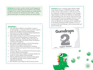 v
Gumdrops features a Gumdrops Support Booklet available
on the Teacher’s Resource CD-ROM. It provides a wealth
of ideas and tips to allow teachers to make the most of all
the components included in the program. In the Gumdrops
Support Booklet you will find the following: the philosophy
and methodology of the series and the course structure; tips
for presenting and practicing language with posters, cutouts
and stick puppets; tips for using the Classroom Language
Cards, the Big Book, the Class Audio and the Scrapbook; tips
for developing mathematical skills; and ideas to carry out
assessments and record keeping, as well as pronunciation and
general teaching tips.
Gumdrops...
• takes advantage of children’s natural ability to acquire a
second language at a young age, which can result in cognitive
beneﬁts that will appear from becoming bilingual.
• observes the natural stages of language learning: Preproduction,
Early Production and Speech Emergence.
• helps students develop six crucial areas of learning: Personal,
Social and Emotional Development; Communication,
Language and Literacy; Problem Solving, Reasoning and
Numeracy; Knowledge of the World; Artistic Development
and Physical Development.
• gives students multiple exposure to each new lexical group
through fun and focused vocabulary practice.
• takes into account different learning styles, and allows
students to develop and respond at their own pace through a
variety of activities.
• includes songs, chants, recorded stories and interactive games
to develop children’s listening skills.
• incorporates games that are highly motivating and allow the
teacher to activate children’s prior knowledge.
• offers beautifully illustrated stories and rhymes, both original
and traditional, especially created to stimulate children’s
appreciation for literature.
• gives ﬂexibility by providing core and extension activities.
Rebecca Lee Williams
Richmond Support Booklet
Gumdrops aims to foster a positive attitude toward language and
learning in general. Although it focuses primarily on the teaching
of English, it also contains a balanced program of carefully planned
activities that promote the development of the child as a whole,
special attention given to teaching vocabulary and essential skills.
00 GM TG2 U0 intro.indd 5 12/6/12 9:06 AM
 