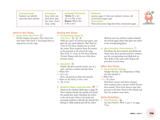 Learning Goals:
Students can identify
and name farm animals.
Vocabulary:
barn, chick, cow,
duck, farm, goat,
hen, horse, rooster,
sheep, turkey
Language Structures:
Active: It’s a cow.
Yes, it is./No, it isn’t.
Passive: What’s this?
Is this a cow?
Materials:
crayons, paper (1 sheet per student), scissors, red
construction paper, tape
Preparation:
Draw and cut out a large barn from construction paper.
Knowledge and
Understanding of the World
Unit 3 Lesson 7 T20
Before the Class
1. Song: Hello, My Friend 4
Divide students into pairs. Have them face
each other. Play Track 4. Encourage them to
sing and act out the song.
During the Class
1. Presentation: Come To
The Farm. 16 17
Hold up a piece of construction paper, and
place the cow cutout behind it. Play Track 16,
Come To The Farm. Slowly start to reveal
the cutout. Have students shout the answer
to the question at the end of the song.
Play Track 17, Come To The Farm (Karaoke
Version). Repeat with the rest of the farm
animals cutouts.
2. Questions
Display the farm animals cutouts, one at a
time, and have students identify them.
T: What’s this?
SS: It’s a cow.
Next, ask questions about the animals.
T: (Point to the chick.) Is this a cow?
SS: No, it isn’t.
3. Student’s Book: Look and stick. SB
Hand out the Student’s Books open to page 20.
Have students identify the animals and mimic
the sounds they make. Distribute the stickers
in the red section. Point to the heads and
encourage students to identify the animals they
belong to. Help students peel off the stickers.
Hold up each one and have students identify
the animals again, before they place the stickers
in the corresponding places.
4. More Practice: Farm Animals
Distribute the farm animals mini-ﬂashcards.
Name three farm animals and have students
put the corresponding mini-ﬂashcards on
their desks in the same order. Repeat the
procedure several times.
After the Class
1. Farm Animals Collage
Display the barn. (See Preparation.) Help
the class identify it.
T: What’s this?
T/SS: It’s a barn.
Distribute crayons and sheets of paper.
Have students draw a picture of their favorite
farm animal. Then invite them to tape their
pictures to the barn. Point to the animals and
have the students name them.
Extra Activities
1. Fast Finishers TCH
See Fast Finishers: Week 1, part 1, on page
T21a.
01 GM TG2 U3.indd 59 12/6/12 9:59 AM
 