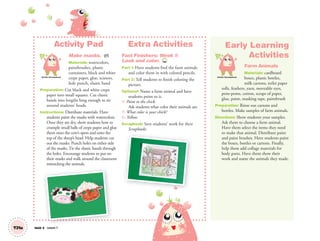 Unit 3 Lesson 7T21a
Activity Pad
Make masks. AP
Materials: watercolors,
paintbrushes, plastic
containers, black and white
crepe paper, glue, scissors,
hole punch, elastic band
Preparation: Cut black and white crepe
paper into small squares. Cut elastic
bands into lengths long enough to tie
around students’ heads.
Instructions: Distribute materials. Have
students paint the masks with watercolors.
Once they are dry, show students how to
crumple small balls of crepe paper and glue
them onto the cow’s spots and onto the
top of the sheep’s head. Help students cut
out the masks. Punch holes on either side
of the masks. Tie the elastic bands through
the holes. Encourage students to put on
their masks and walk around the classroom
mimicking the animals.
Extra Activities
Fast Finishers: Week 1:
Look and color. TCH
Part 1: Have students find the farm animals
and color them in with colored pencils.
Part 2: Tell students to finish coloring the
picture.
Optional: Name a farm animal and have
students point to it.
T: Point to the chick.
Ask students what color their animals are.
T: What color is your chick?
S: Yellow.
Scrapbook: Save students’ work for their
Scrapbooks.
Early Learning
Activities
Farm Animals
Materials: cardboard
boxes, plastic bottles,
milk cartons, toilet paper
rolls, feathers, yarn, moveable eyes,
pom-poms, cotton, scraps of paper,
glue, paint, masking tape, paintbrush
Preparation: Rinse out cartons and
bottles. Make samples of farm animals.
Directions: Show students your samples.
Ask them to choose a farm animal.
Have them select the items they need
to make that animal. Distribute paint
and paint brushes. Have students paint
the boxes, bottles or cartons. Finally,
help them add collage materials for
body parts. Have them show their
work and name the animals they made.
Artistic Development Artistic Development
01 GM TG2 U3.indd 62 12/6/12 10:00 AM
 