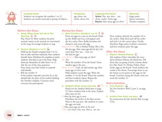 Problem Solving,
Reasoning and Numeracy
T23 Unit 3 Lesson 8
Learning Goals:
Students can recognize the numbers 1 to 12.
Students can match numerals to groups of objects.
Vocabulary:
egg, eleven, ten,
twelve, eleven, hen
Language Structures:
Active: One, two, three… ten,
eleven, twelve. Twelve eggs.
Passive: How many eggs are there?
Materials:
finger paint,
plastic containers,
Numbers templates
Before the Class
1. Song: When Cows Get Up In The
Morning 18
Play Track 18. Show students the farm
animals cutouts as the animals are mentioned
in the song. Encourage students to sing.
2. Review: Numbers 1 to 12 TCH
Hold up the Number templates from 1 to 12,
ﬁrst in order and then randomly. Have students
identify them. Distribute the templates to twelve
students. Ask them to go to the front. Help
them put themselves in order from 1 to 12.
Ask the rest of the class questions.
Have them raise their hands to respond
individually.
T: Who has number 3?
If the student responds correctly, he or she
should take the place of the student holding
the Numbers template. Continue until
everyone has participated.
During the Class
1. More Practice: Numbers 1 to 12
Draw ten eggs in a nest on the board. Hold
up the Robby and Lucy stick puppets and
the hen cutout. Have Robby introduce the
character and count the eggs.
ROBBY PUPPET: This is Hickety Pickety. She’s a hen.
She lays eggs. How many eggs did she lay? Let’s
count them.One, two… nine, ten.
She laid ten eggs!
LUCY PUPPET: How many eggs are there?
SS: Ten.
Write the number 10 on the board. Draw
another egg in the nest.
ROBBY PUPPET: Look, she laid another egg. How
many eggs are there now?
Help students count the eggs. Write the
number 11 on the board. Name the number
and have students repeat. Repeat the
procedure with the number 12.
2. Student’s Book: Count and stick. SB
Hand out the Student’s Book open to page
23. Have students look at the nests. Explain
what nests are for.
T: Hens lay their eggs in nests.
Distribute the stickers in the blue section.
Point to the top nest. Ask students to count
the eggs out loud.
T: How many eggs are there in the nest?
T/SS: Let’s count. One, two, three…n ine, ten.
Have students identify the number 10 in
the stickers. Help them peel off the sticker
and stick it in the correct place. Finally,
distribute ﬁnger paint in plastic containers
and have students paint the eggs.
After the Class
1. Rhyme: Hickety Pickety 19
Ask students if they remember the story
about Hickety Pickety, the black hen. Tell
them they are going to learn a rhyme about
her. Play Track 19, Hickety Pickety. Draw
twelve eggs on the board. Teach students the
words to the rhyme. Encourage them to say
the rhyme as you point to the eggs on the
board. Continue saying the rhyme until you
reach the number 12.
Extra Activities
1. Fast Finishers TCH
See Fast Finishers: Week 2, part 2, on page
T23a.
2. Activity Pad: Paint and glue. AP
See instructions for the Activity Pad, on page
T23a.
01 GM TG2 U3.indd 66 12/6/12 10:01 AM
 