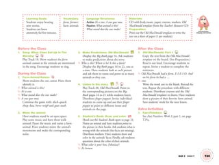 Learning Goals:
Students enjoy hearing
new stories.
Students can listen
attentively for five minutes.
Vocabulary:
farm, farmer;
farm animals
Language Structures:
Active: It’s a cow. A cow goes moo.
Passive: What animal is this?
What sound does the cow make?
Materials:
CD with lively music, paper, crayons, markers, Old
MacDonald template (from the Teacher’s Resource CD)
Preparation:
Print out the Old MacDonald template or write the
text on a sheet of paper (1 per student).
Unit 3 Lesson 9 T24
Communication,
Language and Literacy
Before the Class
1. Song: When Cows Get Up In The
Morning 18
Play Track 18. Show students the farm
animals cutouts as the animals are mentioned
in the song. Encourage students to sing.
During the Class
1. Farm Animal Noises
Show students the cow cutout. Have them
identify it.
T: What animal is this?
S: It’s a cow.
T: What sound does the cow make?
S: A cow goes moo.
Continue the game with: duck–quack,
sheep–baa, horse–neigh and goat–neah.
2. Mime the animal.
Have students stand in an open space.
Play some music and have them walk
around. Pause the music and name a farm
animal. Have students mime the animal’s
movements and make the corresponding
noise.
3. Make Predictions: Old MacDonald BB
Display the Big Book page 16. Ask students
to make predictions about the story.
T: Who is this? Where is he? Is this a barn?
Display the Big Book pages 16 to 21, one at
a time. Have students look at each picture
and ask them to name and point to as many
animals as they can.
4. Listen to the story. BB 20
Play Track 20, Old MacDonald. Point to
the corresponding pictures on the Big
Book pages 16 to 21 while students listen.
Distribute ﬁnger puppets. Invite individual
students to come up and use their ﬁnger
puppet to point to different items and
animals on the page.
5. Student’s Book: Draw and color. SB
Hand out the Student’s Books open to page 24.
Name an animal and have students point to
the picture in their books. Ask students what is
wrong with the animals (the faces are missing).
Distribute markers. Have students draw and
color in the animals’ faces. Finally, ask students
questions about the color of their animals.
T: What color is your hen, (Monica)?
S: It’s brown.
After the Class
1. Old MacDonald, Part 1 TCH
Copy the text from the Old MacDonald
template on the board. (See Preparation.)
Read it out loud. Encourage students to
repeat. Invite a student to complete the
sentences.
T: Old MacDonald had a farm, E-I-E-I-O. And
on his farm he had a …
S: cow.
Write the word cow in the blank. Reread the
text. Repeat the procedure with different
students. Distribute crayons and the Old
MacDonald templates or sheets. Have students
draw a picture of their favorite farm animal.
Save students’ work for the next lesson.
Extra Activities
1. Fast Finishers TCH
See Fast Finishers: Week 3, part 1, on page
T25a.
01 GM TG2 U3.indd 71 12/6/12 10:22 AM
 