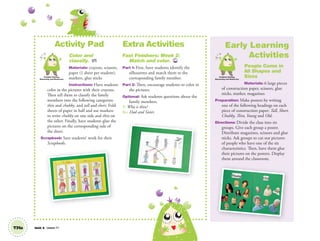 Activity Pad
Color and
classify. AP
Materials: crayons, scissors,
paper (1 sheet per student),
markers, glue sticks
Instructions: Have students
color in the pictures with their crayons.
Then tell them to classify the family
members into the following categories:
thin and chubby, and tall and short. Fold
sheets of paper in half and use markers
to write chubby on one side and thin on
the other. Finally, have students glue the
pictures on the corresponding side of
the sheet.
Scrapbook: Save students’ work for their
Scrapbooks.
Extra Activities
Fast Finishers: Week 2:
Match and color. TCH
Part 1: First, have students identify the
silhouettes and match them to the
corresponding family member.
Part 2: Then, encourage students to color in
the pictures.
Optional: Ask students questions about the
family members.
T: Who is thin?
SS: Dad and Sister.
Unit 4 Lesson 11
Early Learning
Activities
People Come in
All Shapes and
Sizes
Materials: 6 large pieces
of construction paper, scissors, glue
sticks, marker, magazines
Preparation: Make posters by writing
one of the following headings on each
piece of construction paper: Tall, Short,
Chubby, Thin, Young and Old.
Directions: Divide the class into six
groups. Give each group a poster.
Distribute magazines, scissors and glue
sticks. Ask groups to cut out pictures
of people who have one of the six
characteristics. Then, have them glue
their pictures on the posters. Display
them around the classroom.
T31a
Problem Solving,
Reasoning and Numeracy
Problem Solving,
Reasoning and Numeracy
01 GM TG2 U4.indd 90 12/12/12 8:18 AM
 