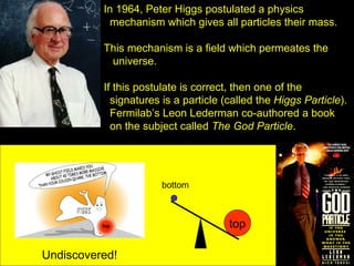 In 1964, Peter Higgs postulated a physics
           mechanism which gives all particles their mass.

          This mechanism is a field which permeates the
           universe.

          If this postulate is correct, then one of the
            signatures is a particle (called the Higgs Particle).
            Fermilab’s Leon Lederman co-authored a book
            on the subject called The God Particle.




                       bottom



                                      top

Undiscovered!
 