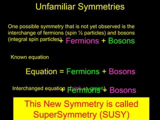 Unfamiliar Symmetries

One possible symmetry that is not yet observed is the
interchange of fermions (spin ½ particles) and bosons
(integral spin particles) Fermions + Bosons
                        +
 Known equation

       Equation = Fermions + Bosons
 Interchanged equation (pink ⇔ green)
                     + Fermions + Bosons
      This New=Symmetry+is called
      Equation Fermions Bosons
        SuperSymmetry (SUSY)
 