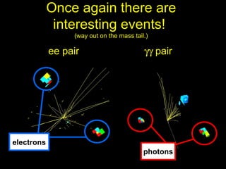 Once again there are
             interesting events!
                 (way out on the mass tail.)

            ee pair                       γγ pair




electrons
                                          photons
 